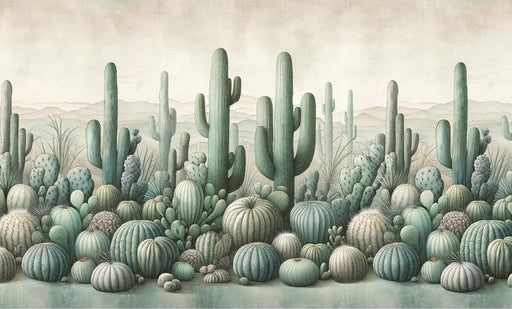 Green Cactus Mural Wallpaper | Neutral Colors and Misshapen Cacti