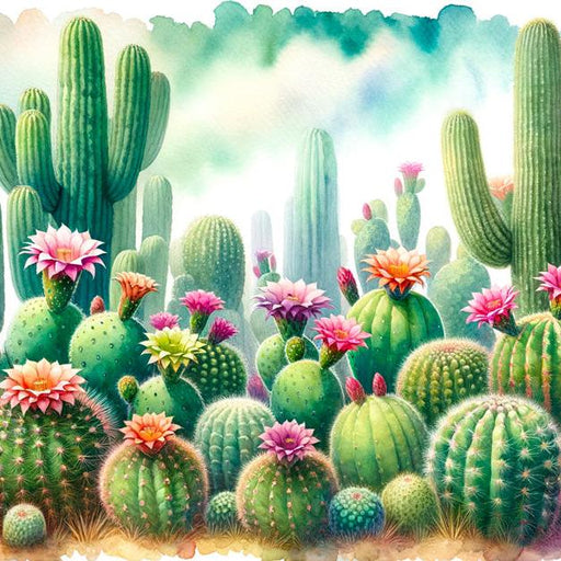 Green cactus Mural Wallpaper | Watercolor flowers