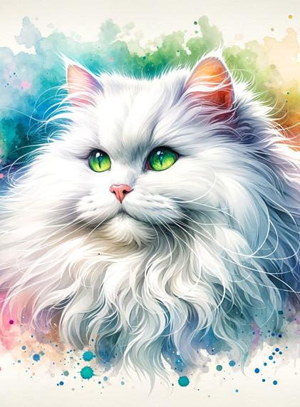 Cat Mural Wallpaper | Green-eyed Angora on Colorful Watercolor