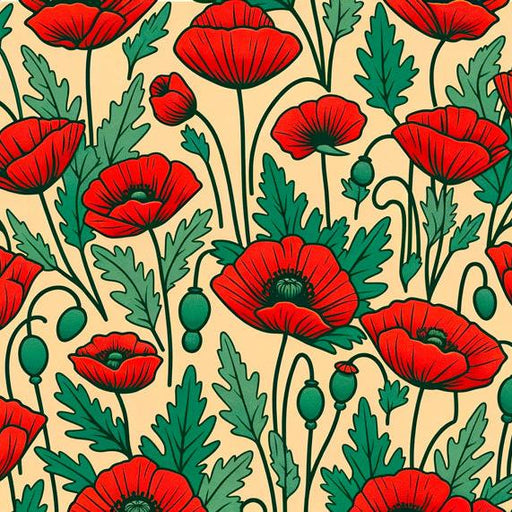 Poppy Mural Wallpaper | Red with Vintage Green Leaves
