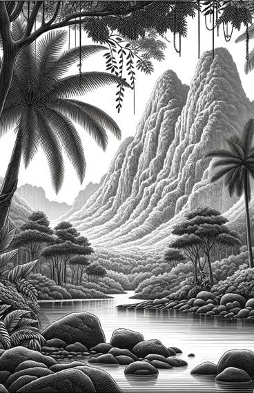Black and White Jungle Mural Wallpaper | Serene Mountain and River