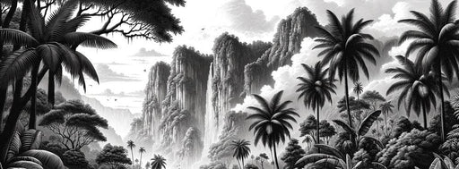 Black and White Jungle Mural Wallpaper | Mountainous Relief and River