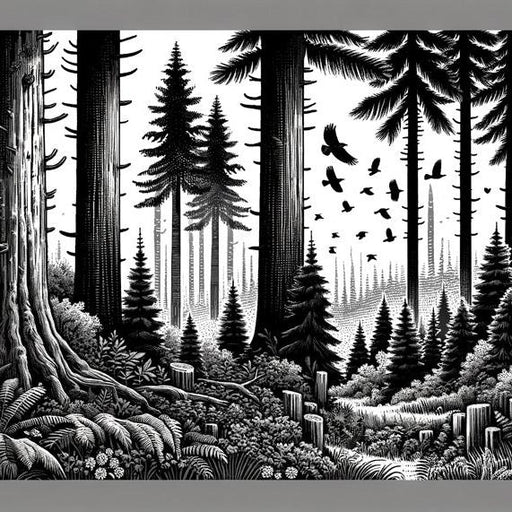 Black and White Jungle Mural Wallpaper | Fir Trees and Birds