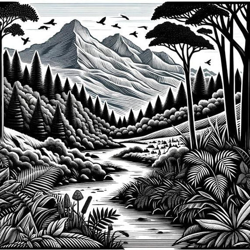 Black and White Jungle Mural Wallpaper | Vegetation and Mountainous Relief