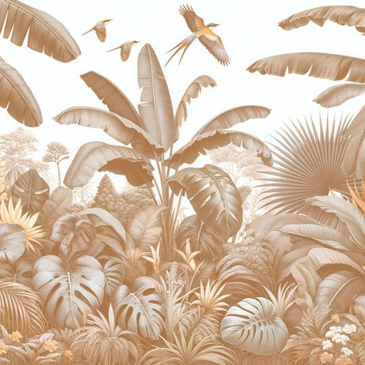 Beige Jungle Mural Wallpaper | Beige Banana Trees and Birds