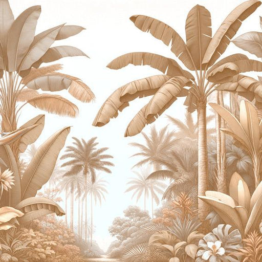 Beige Jungle Mural Wallpaper | White Background Palm Trees and Banana Trees
