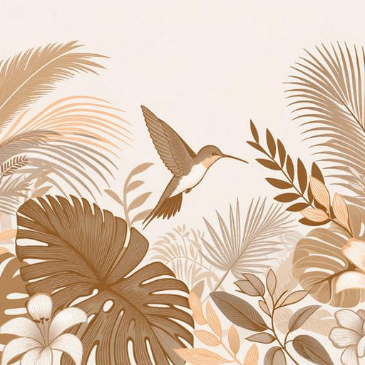 Beige Jungle Mural Wallpaper | Hummingbird and Vintage Foliage