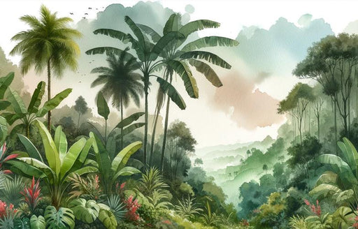 Tropical Jungle Mural Wallpaper | Green Watercolor of a Massive Jungle
