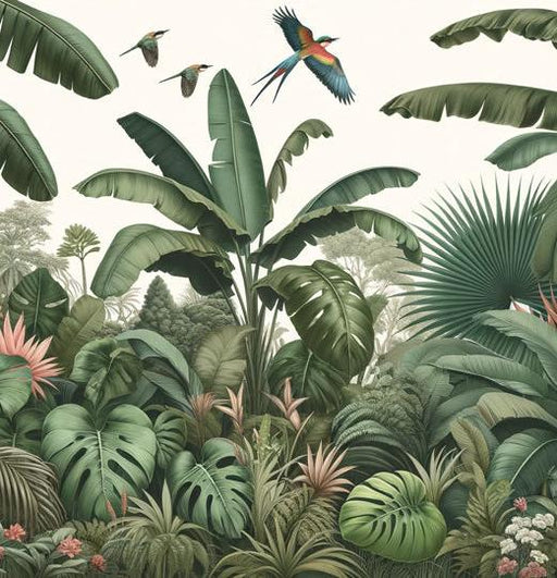 Tropical Jungle Mural Wallpaper | Green Banana Trees and Birds
