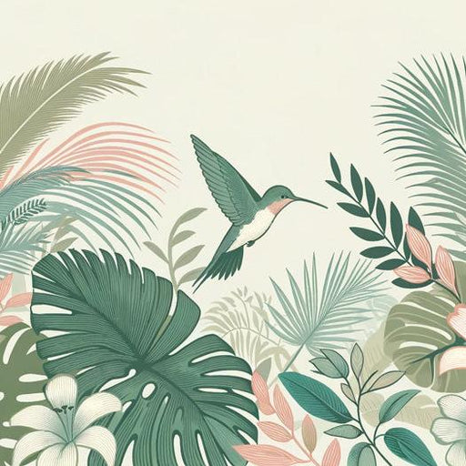 Tropical Jungle Mural Wallpaper | Hummingbird and Vintage Foliage