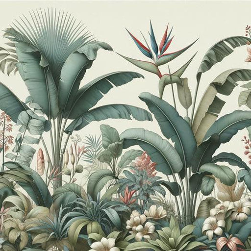 Tropical Jungle Mural Wallpaper | Green and Blue Floral Composition