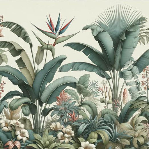 Tropical Jungle Mural Wallpaper | Green and Blue Floral Composition
