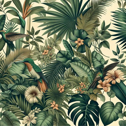 Tropical Jungle Mural Wallpaper | Lush Foliage and Hummingbirds