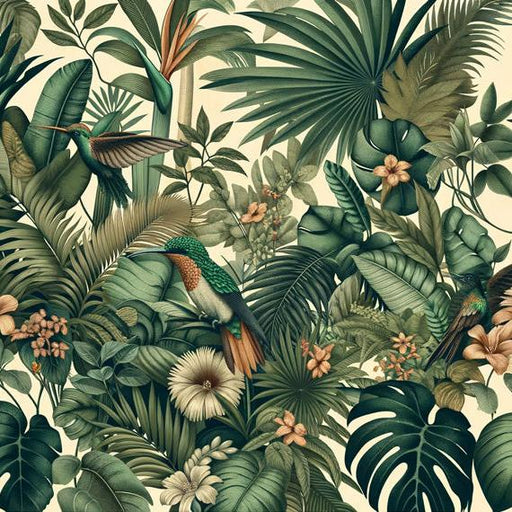 Tropical Jungle Mural Wallpaper | Lush Foliage and Hummingbirds