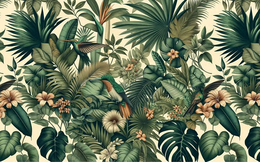 Tropical Jungle Mural Wallpaper | Lush Foliage and Hummingbirds