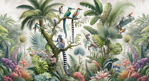 Tropical Jungle Mural Wallpaper | Imaginary Birds and Lemurs