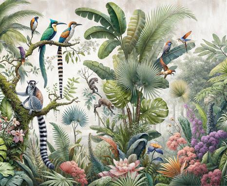 Tropical Jungle Mural Wallpaper | Imaginary Birds and Lemurs