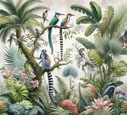 Tropical Jungle Mural Wallpaper | Imaginary Birds and Lemurs