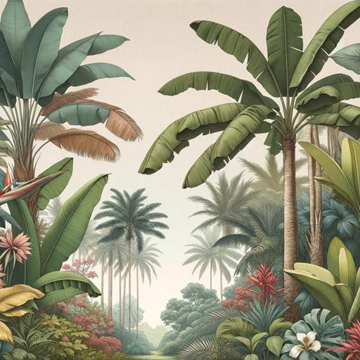 Tropical Jungle Mural Wallpaper | Beige Background with Palm Trees and Banana Trees