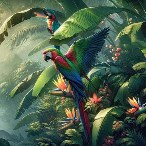 Tropical Jungle Mural Wallpaper | Colorful Parrots and Green Foliage