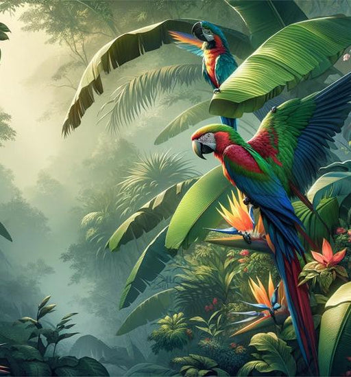 Tropical Jungle Mural Wallpaper | Colorful Parrots and Green Foliage