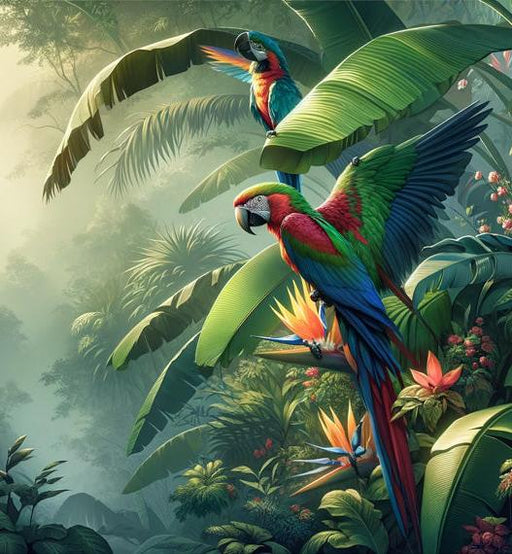 Tropical Jungle Mural Wallpaper | Colorful Parrots and Green Foliage
