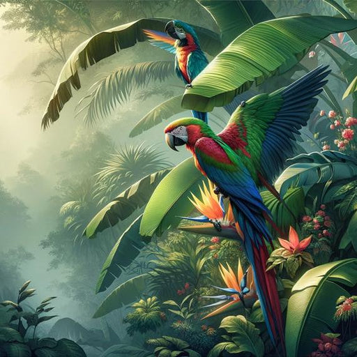 Tropical Jungle Mural Wallpaper | Colorful Parrots and Green Foliage