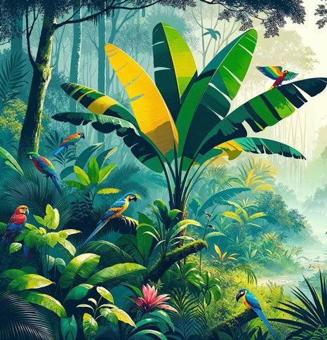 Tropical Jungle Mural Wallpaper | Imaginary Parrots, Green and Yellow Foliage