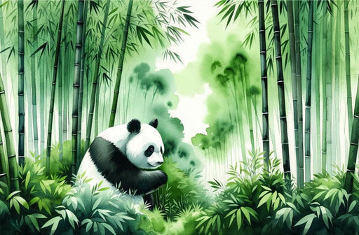 Watercolor Panda Mural Wallpaper | Green Bamboo Forest with Black and White Panda