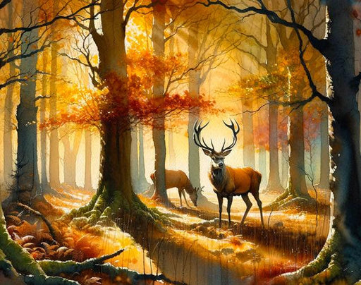 Deer Mural Wallpaper | Watercolor Forest and Deer in Autumn