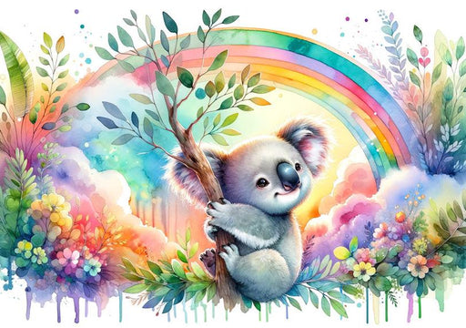 Koala Mural Wallpaper | Multicolored Rainbow Watercolor and Foliage