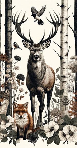 Deer Mural Wallpaper | Vintage Forest Animal Illustration