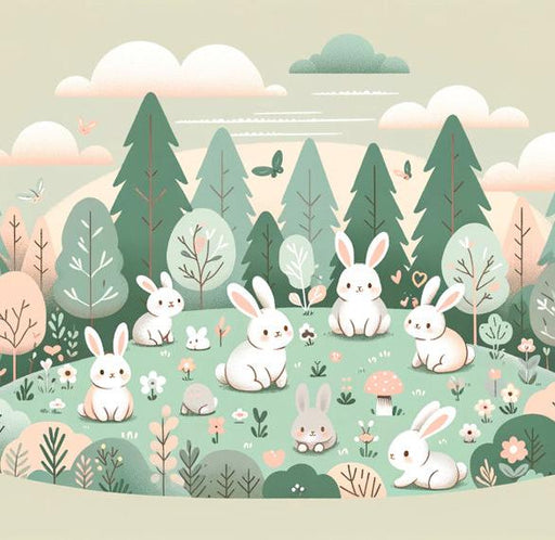 Rabbit Mural Wallpaper | Spruce Forest with Group of Rabbits