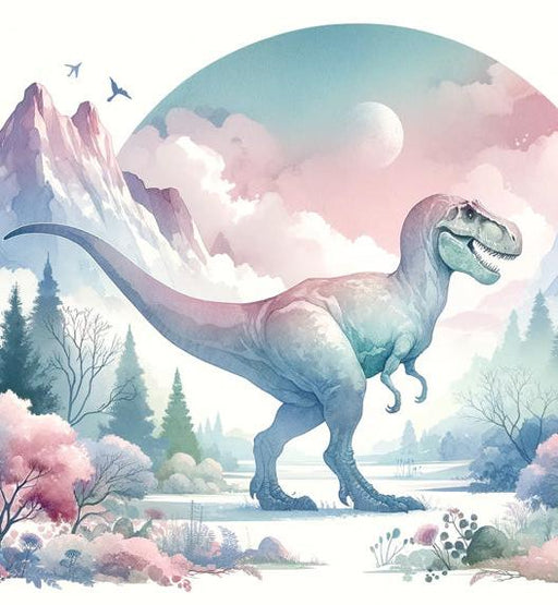 Dinosaur Mural Wallpaper | Pink Watercolor of a T-Rex in the Mountains
