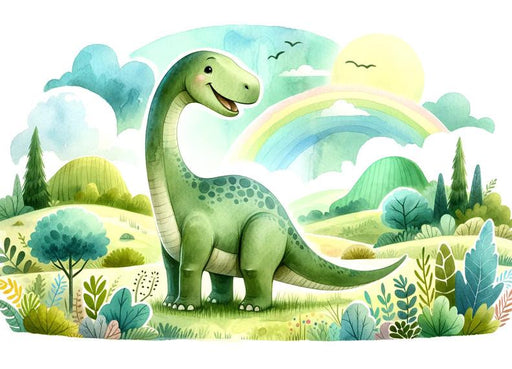 Baby Dinosaur Mural Wallpaper | Watercolor of a Green Diplodocus in a Meadow