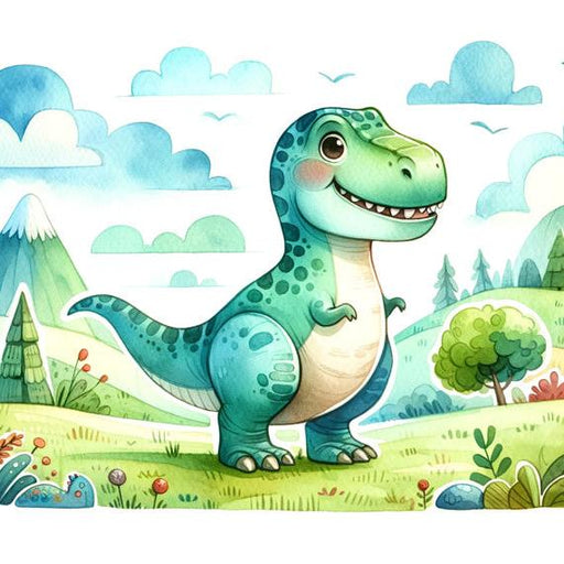 Baby Dinosaur Mural Wallpaper | Watercolor of a Green T-Rex in a Meadow