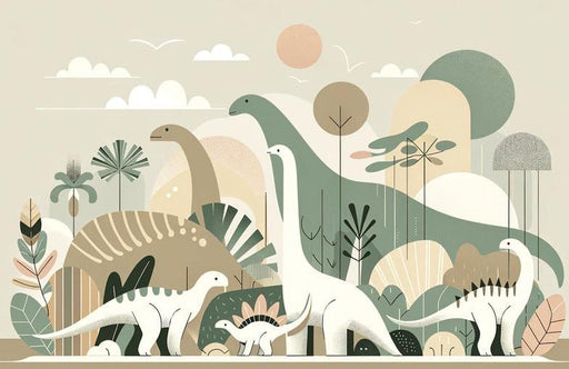 Baby Dinosaur Mural Wallpaper | Imaginary Illustration of Dinosaurs in Neutral Tones