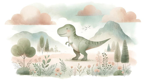 Baby Dinosaur Mural Wallpaper | Cute T-Rex in the Midst of Mountains