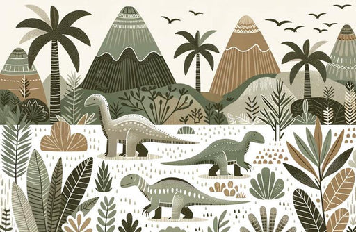 Dinosaur Mural Wallpaper | Foliage and Dinosaurs in Neutral Tones