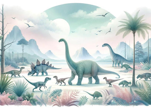 Dinosaur Mural Wallpaper | Full Moon and Pastel Dinosaurs