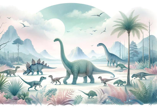 Dinosaur Mural Wallpaper | Full Moon and Pastel Dinosaurs