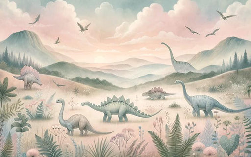Dinosaur Mural Wallpaper | Pastel-Toned Mountain Valley