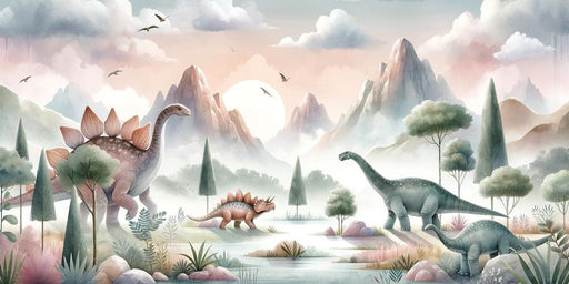 Dinosaur Mural Wallpaper | Mountain Valley with River