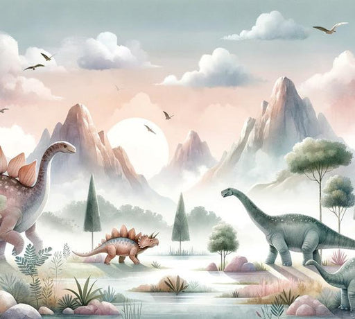 Dinosaur Mural Wallpaper | Mountain Valley with River