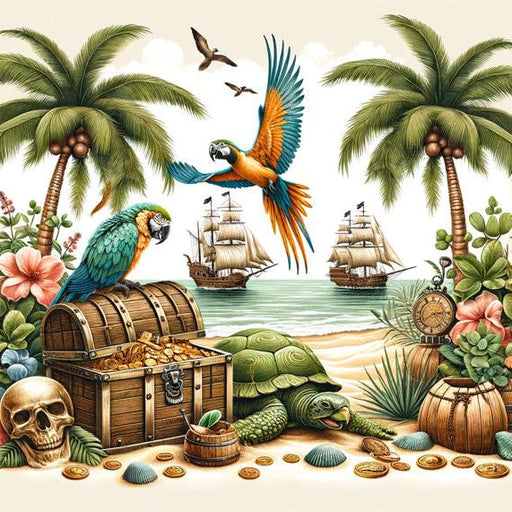 Pirate Mural Wallpaper | Parrots and Turtle Around the Treasure