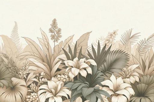 Beige Foliage Mural Wallpaper | Beige Toned Foliage and Flowers