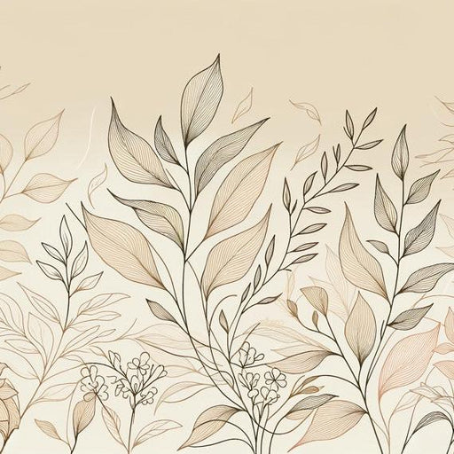 Beige Foliage Mural Wallpaper | Beige Toned Line Art Foliage Composition