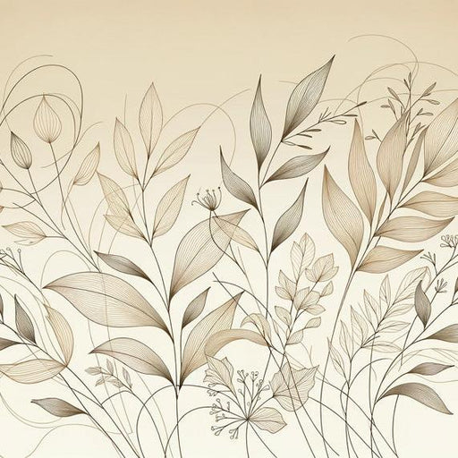 Beige Foliage Mural Wallpaper | Beige Various Foliage Line Art