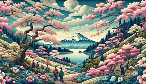 Japanese Mural Wallpaper | Colorful Illustration of Mount Fuji and Mountain Life in Japan