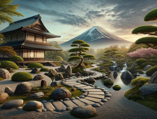 Japanese Mural Wallpaper | Realistic Illustration of a Temple at the Foot of Mount Fuji
